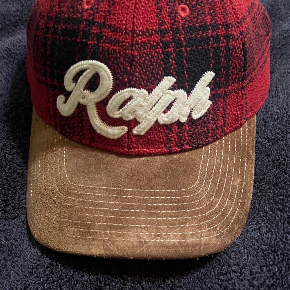 Ralph Lauren Red and Black Plaid Cap with Brown Suede Brim - Picture 6 of 7